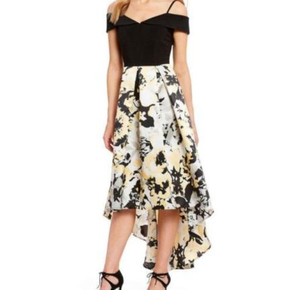 MARINA Yellow & Black Printed Mikado High Low Gown sz 6. - Picture 3 of 8